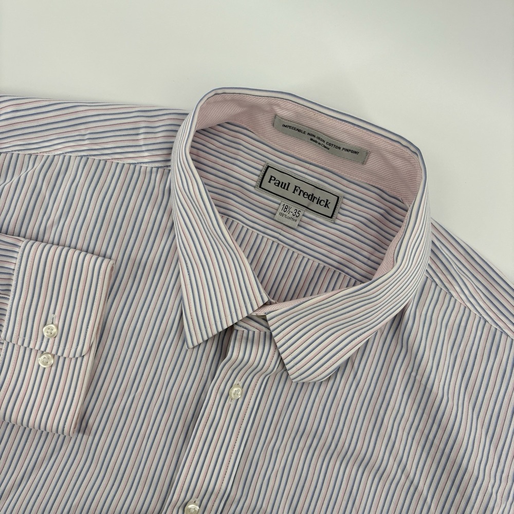 Paul Fredrick Preppy Business Office Dress Shirt Striped Mens 18.5 35 White Pink